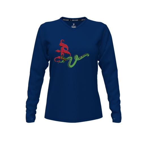 [CUS-DFW-TEES-PER-VNK-LSL-NVY-FYXS-LOGO2] Decker Performance T-Shirt (Female Youth XS, Navy, V Neck, Logo 2, Long Sleeve)